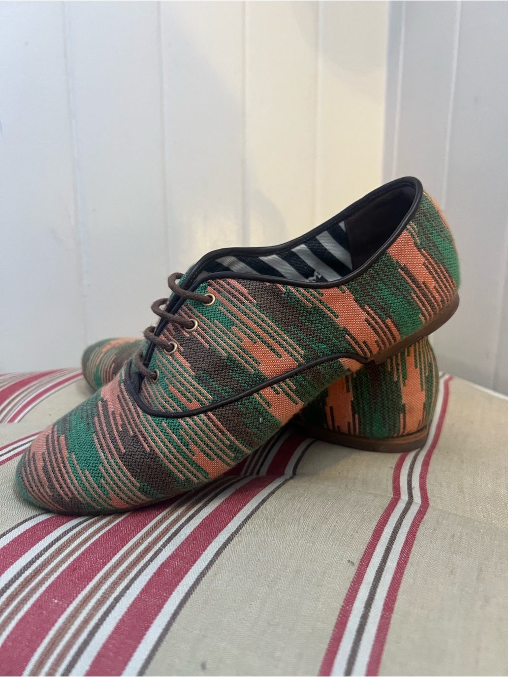 M Missoni Green and Salmon Patterned Canvas Oxfords